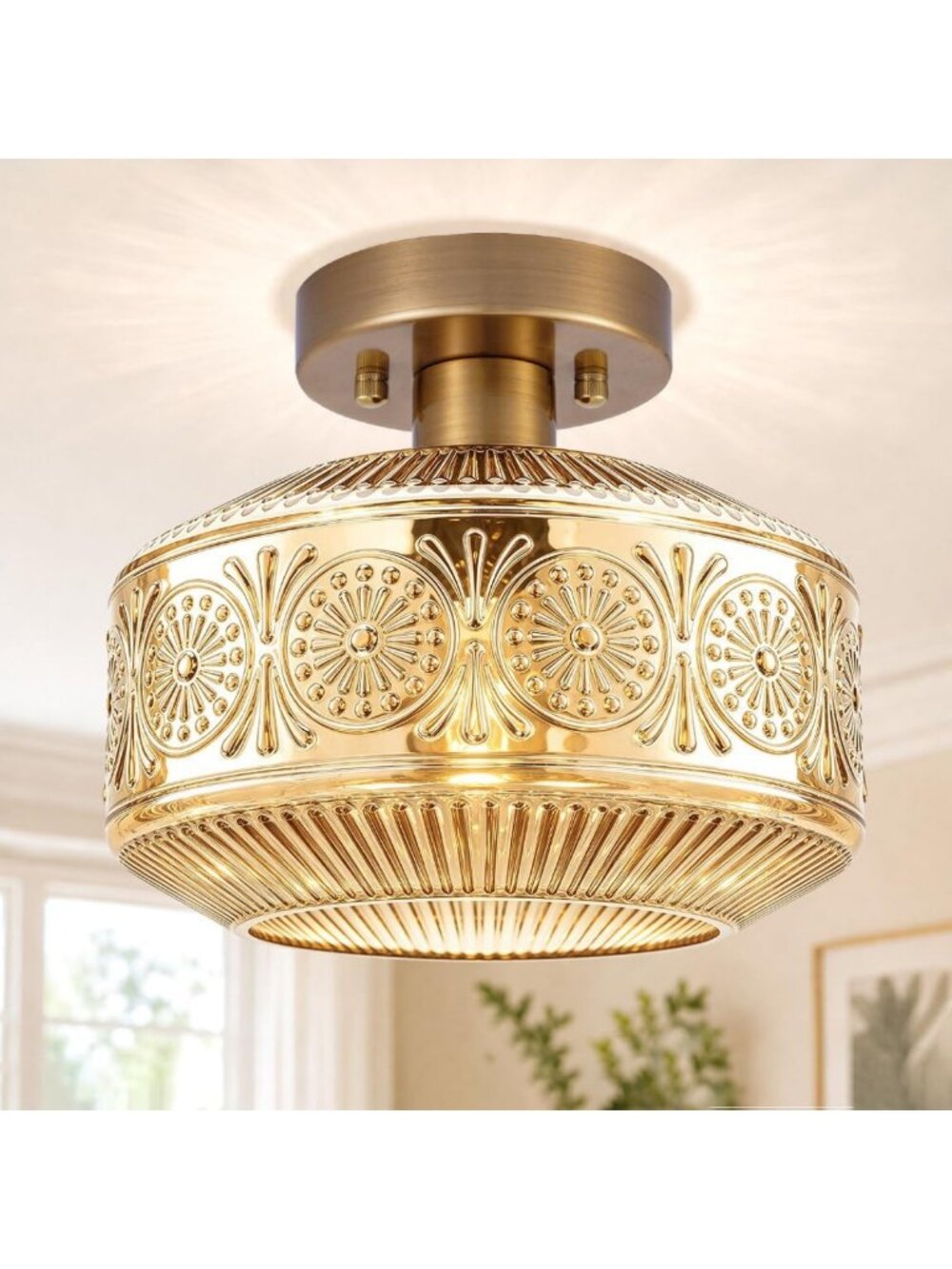 Vintage Semi Flush Mount Ceiling Light Fixture - Amber Glass & Brass Design for